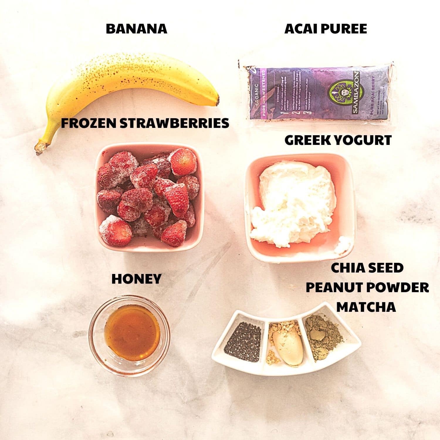 ingredients with labels for smoothie bowl