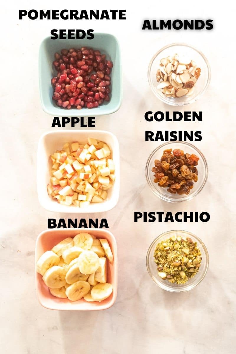toppings with labels for smoothie bowls