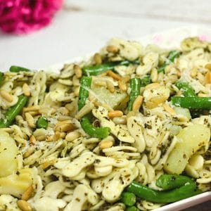 plate of Italian pasta salad with green beans