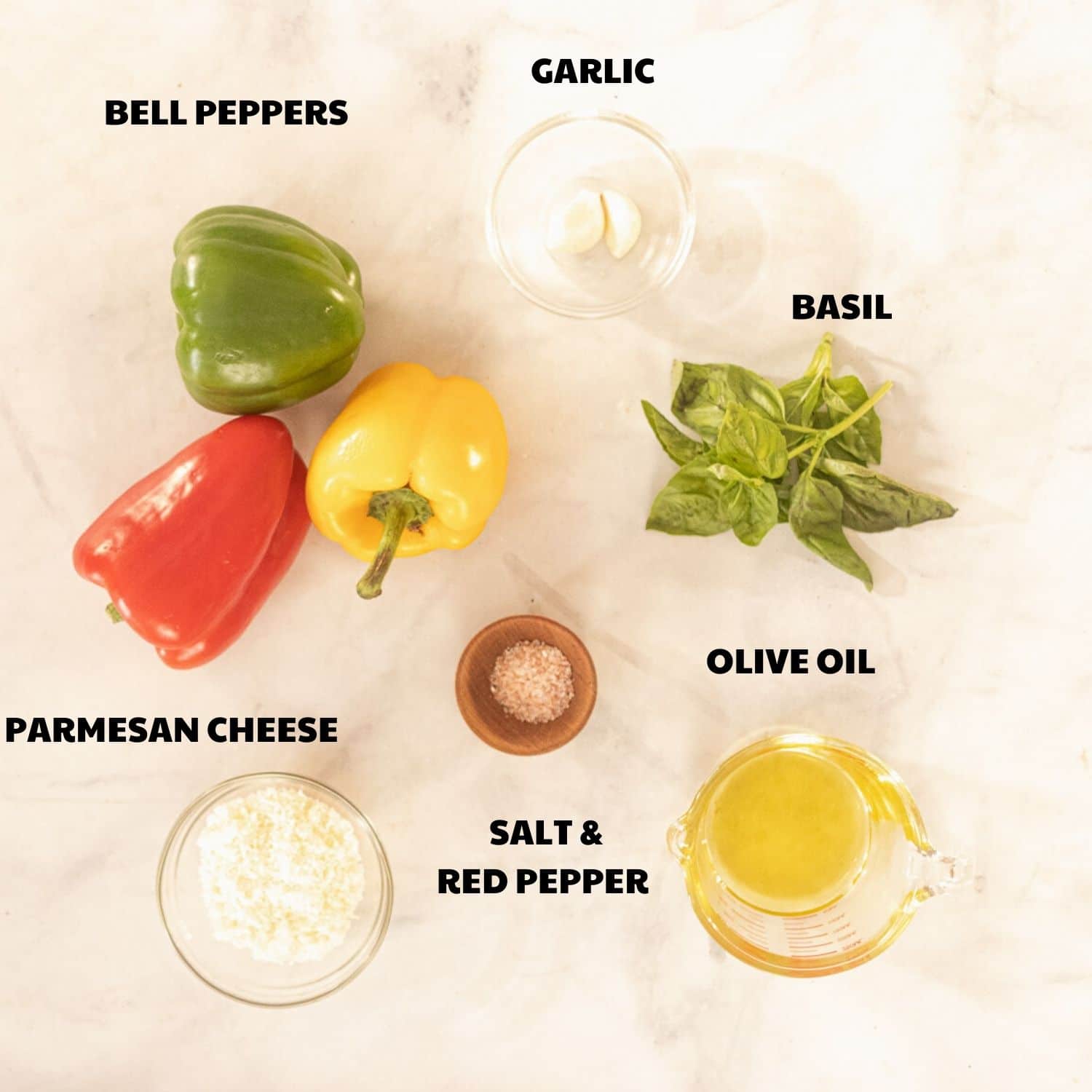 ingredients with labels for roasted pepper pesto