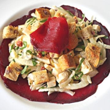 plate of Fennel Salad with Beets and croutons