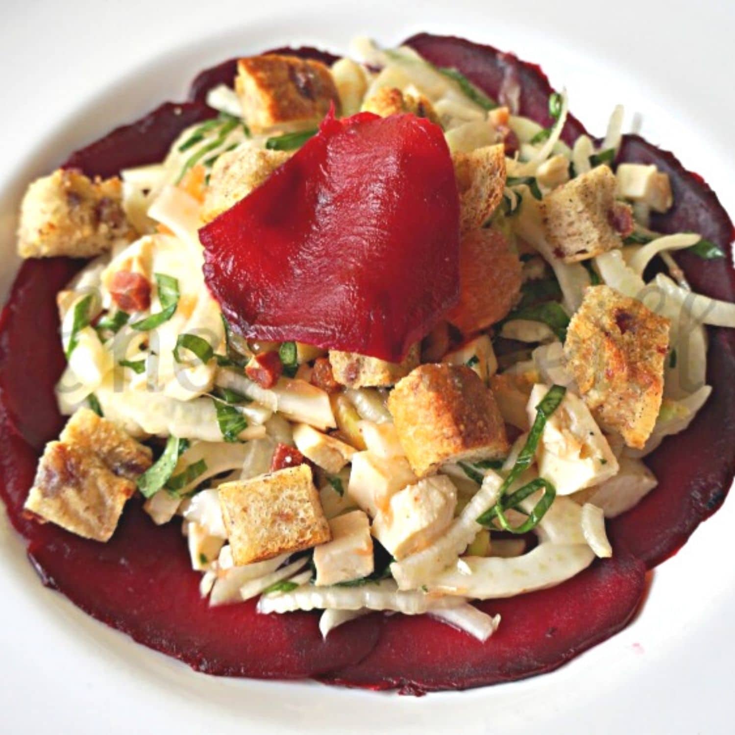 Assembled plate of Fennel Citrus Salad with Beetroot.