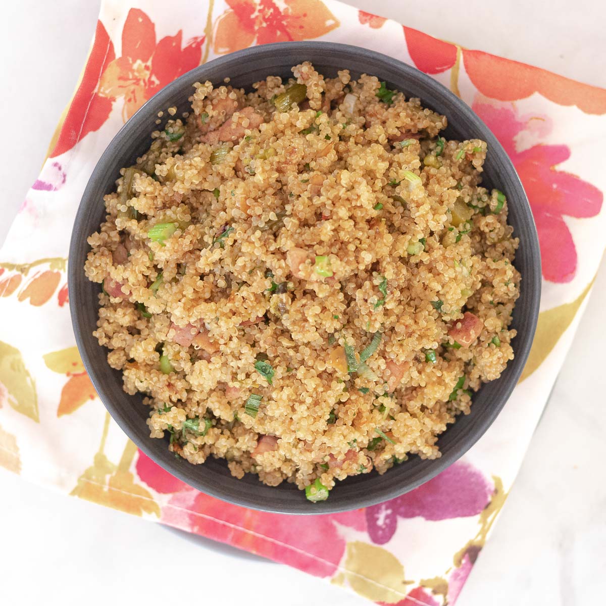 bowl of Quinoa pilaf with ham and asparagus
