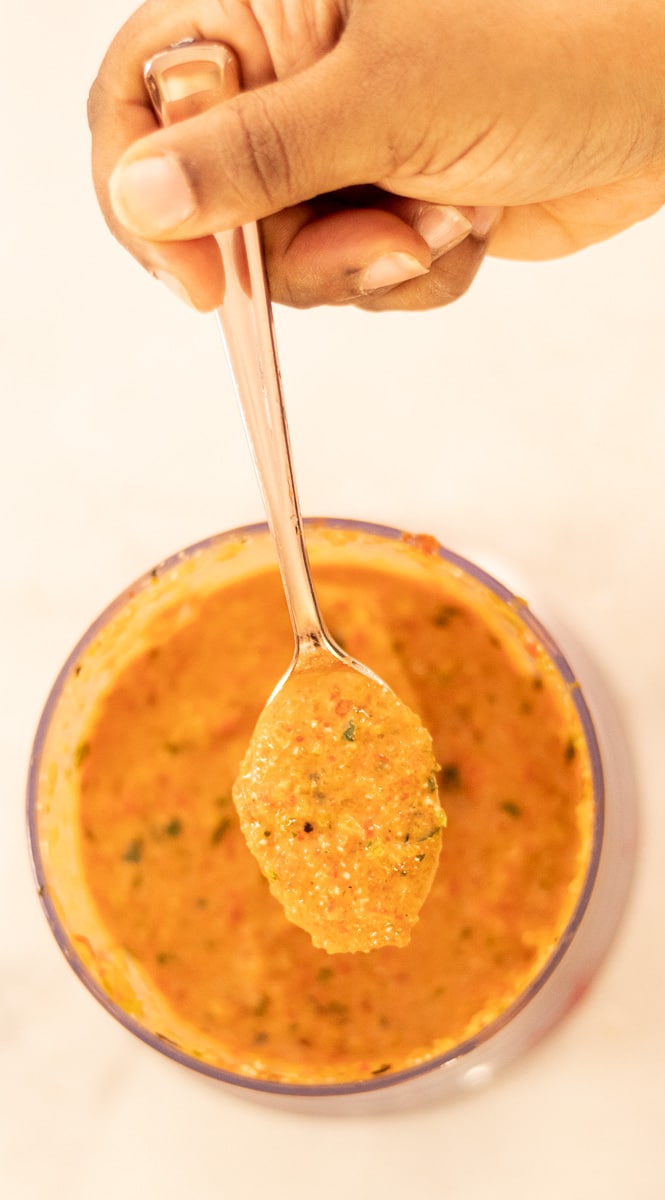 roasted pepper pesto on a spoon