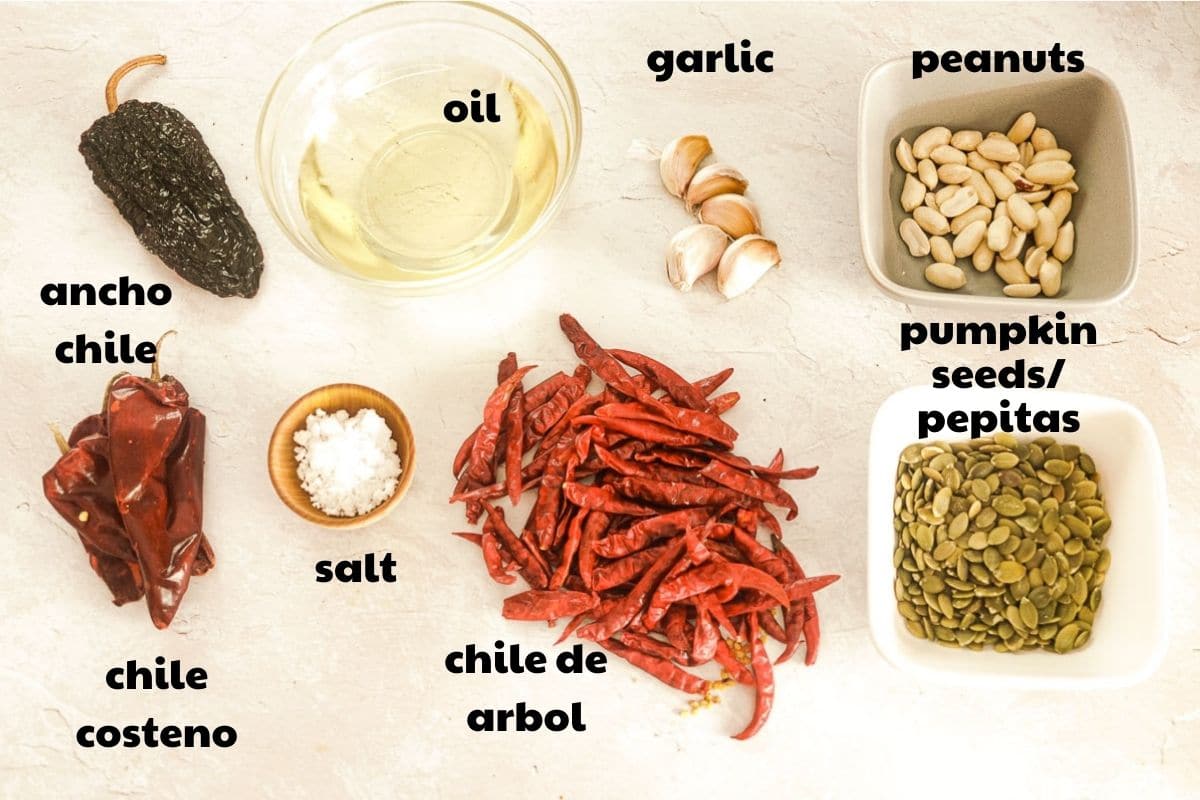Ingredients for Salsa Macha with labels
