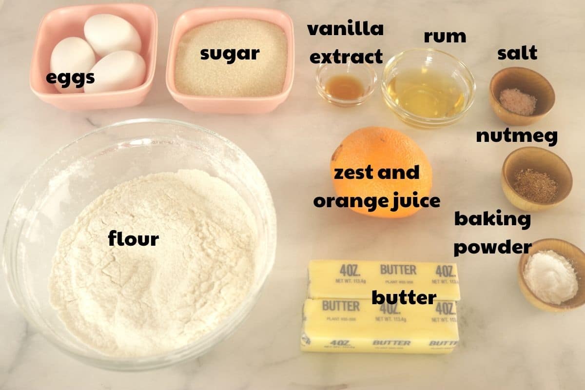 ingredients for Haitian Orange Cake with labels