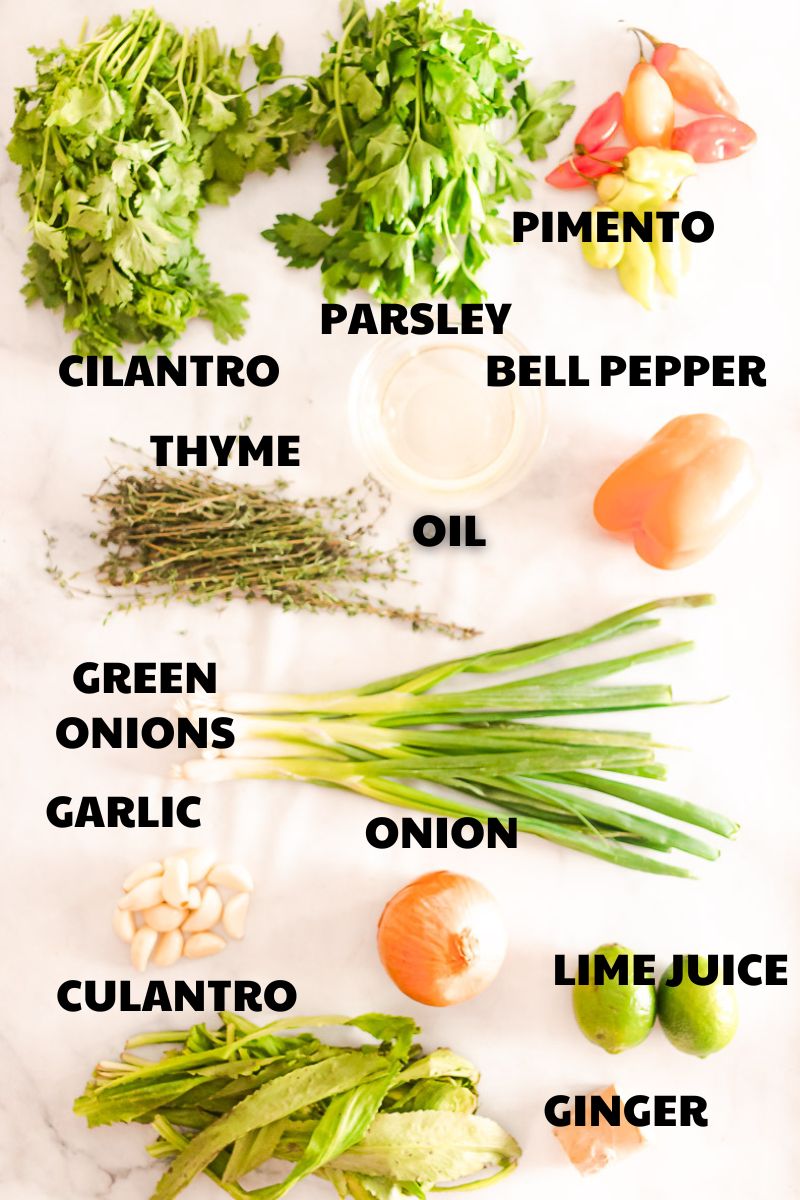 green seasoning ingredients with labels