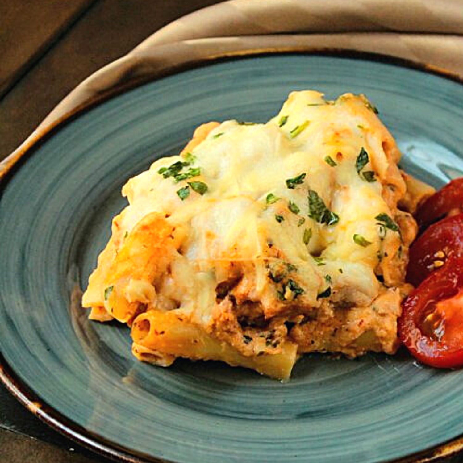 Baked Ziti recipe on a blue plate