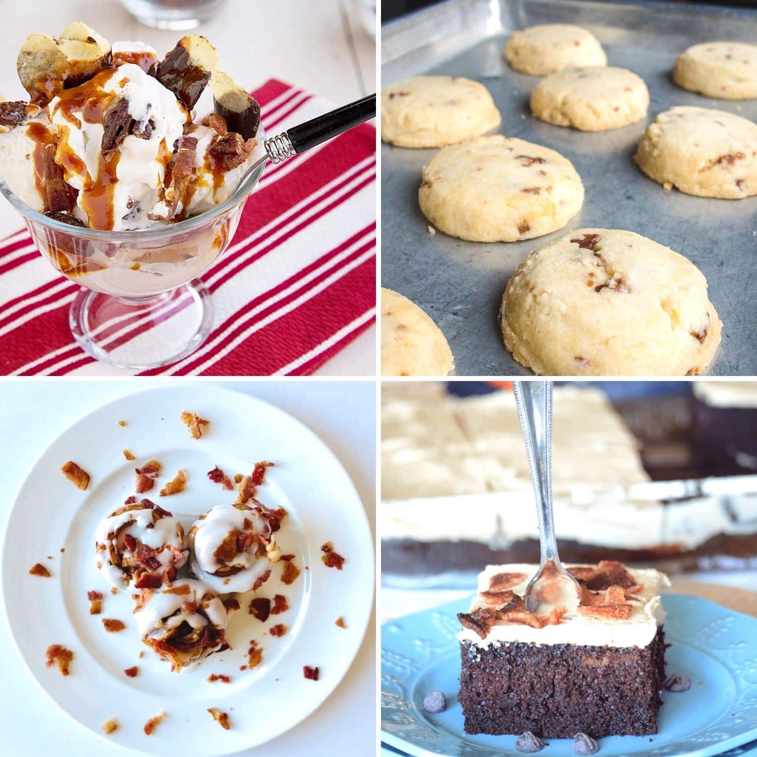photo collage of dessert recipes with bacon