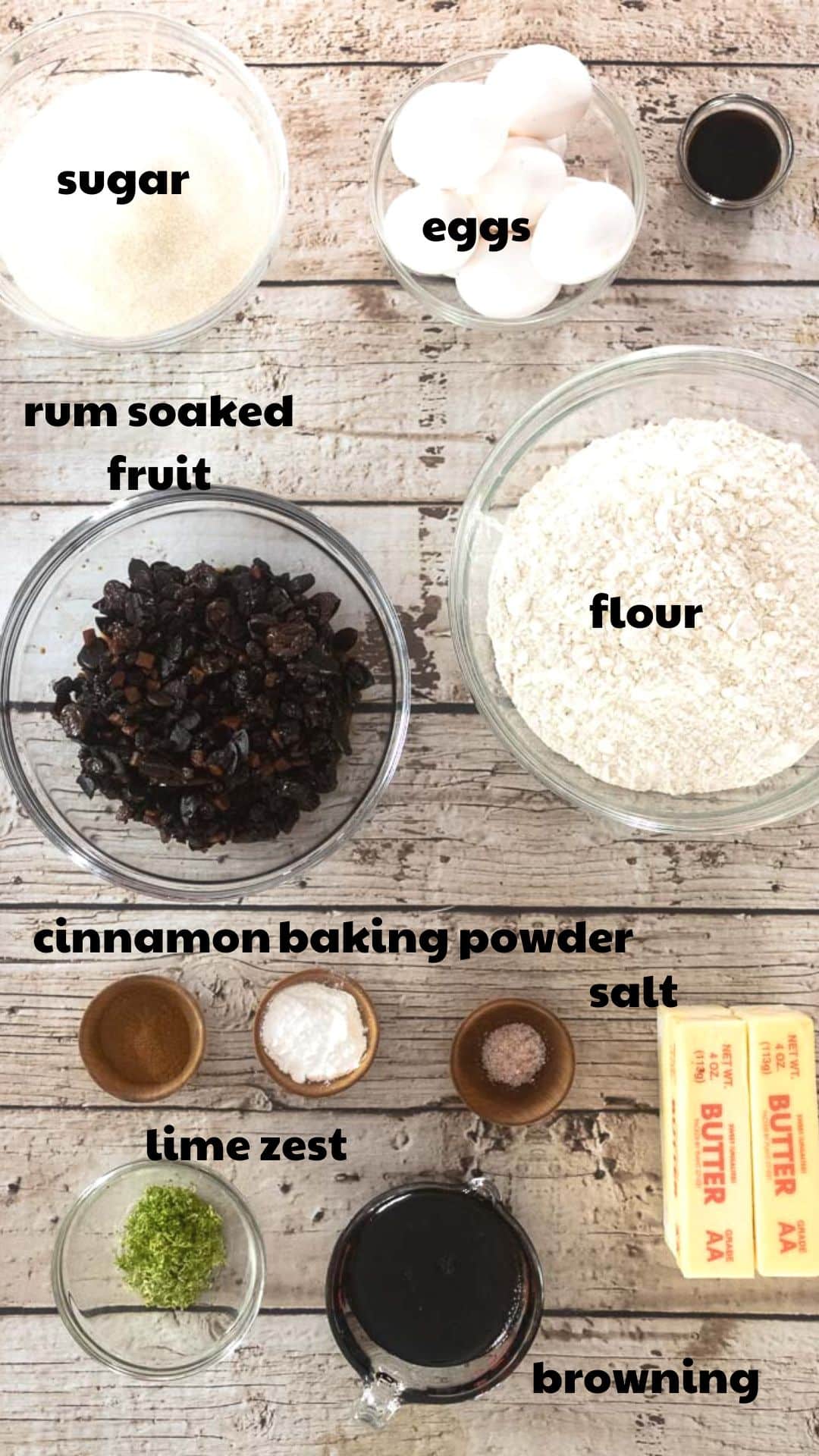 ingredients for Fruit Cake Recipe with labels