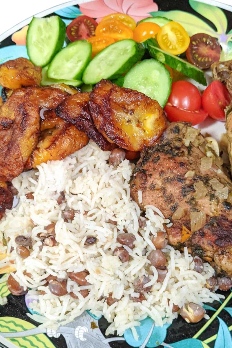 jamaican rice and peas and fried chicken