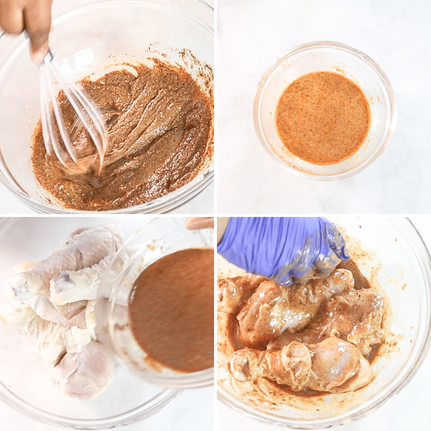 step by step photos for making Chicken Masala in the Air Fryer by first marinating the chicken pieces in an Indian masala paste.