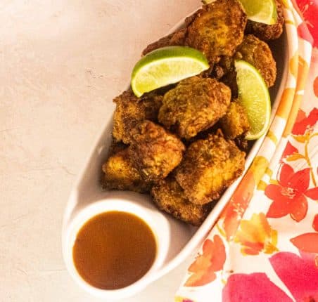 Fried Shark with Lime Wedges and Hot sauce (recipe post)